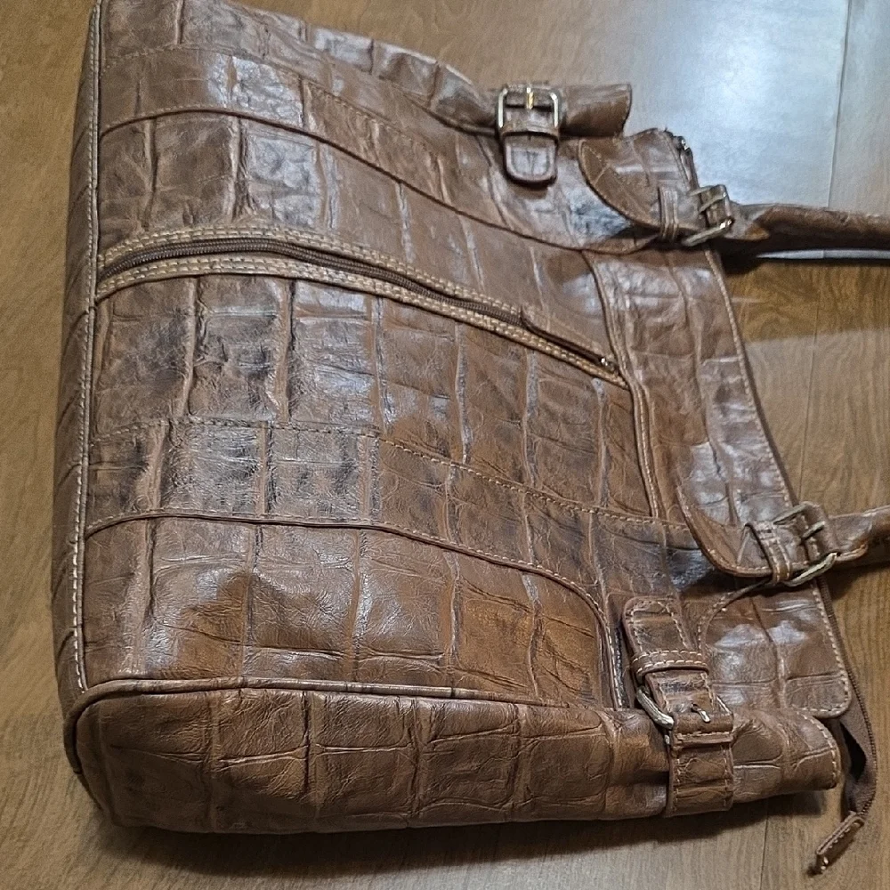 Multisac Brown Crocodile Embossed Handbag Large Size‎ Multipockets